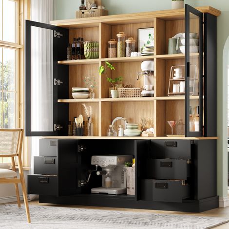 Aparador alto de cocina 140x40x185 cm, 6 cajones grandes, puertas de vidrio, con protección antivuelco, MDF negro (1/5)