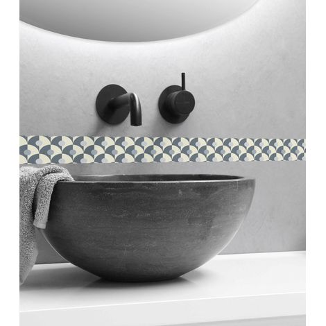 Frise Autocollante Décorative Rosvoll Bleu - Motif Éventails Bleu et Beige - 5 cm x 300 cm - Adhésive Murale (1/2)