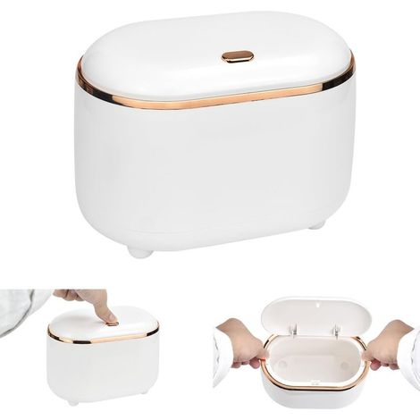 Poubelle de Table avec Couvercle à Bouton-Poussoir, Petite Poubelle de Salle De Bain Mini Poubelle de Bureau (Blanc) (1/5)