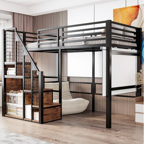 Lit mezzanine noir en métal et MDF 90x200 cm avec échelle, rangement intégré et barrières hautes (1/5)