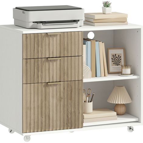 HOMCOM mueble para impresora con ruedas, 3 cajones, barra ajustable, 2 estantes abiertos para documentos tamaño a4, carta para oficina, blanco y roble (1/5)