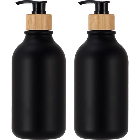 Distributeur de savon noir,lot de 2 distributeurs de savon pour les mains avec pompe en bambou, ensemble distributeur en plastique (1/5)