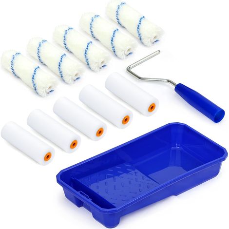 Set de 10 Rouleaux de Peinture (100 mm), 5 Rouleaux Mousse + 5 Têtes de Rouleau en Coton, Têtes Rouleau Format Mini, pour Peindre Bois, Métal, Plinthes, Rebords Fenêtre, Portes (1/4)
