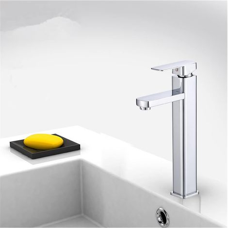 Robinet de Salle de Bain en Laiton Massif Salle de Bain Bassin Robinet à Eau Froide et Chaude lavabo Robinet à poignée à poignée Unique Pont chromètre monté chromètre(Chrome Tall) (1/5)