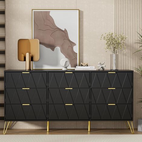 UEV – Commode scandinave 9 tiroirs 150 x 34 x 74 cm – Bois avec poignées et pieds dorés – Rangement pour chambre, salon, bureau – Noir