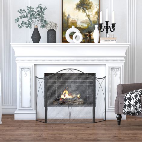 Salvachispas Plegable Pantalla Protectora de Chimenea 3 Paneles con Bisagras y Estructura de Metal Decorativa 108x24x76 cm Negro (1/5)