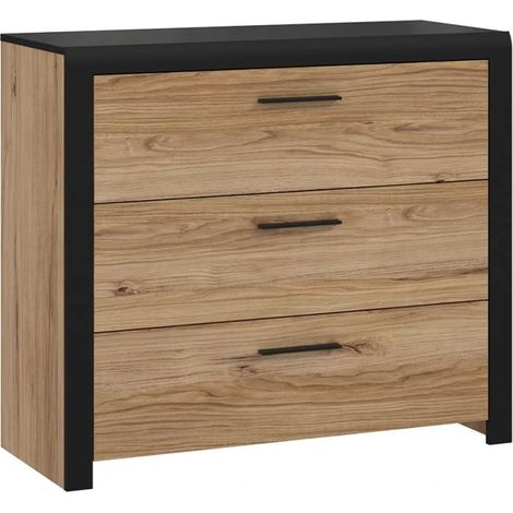 Commode 100 cm 3 tiroirs décor bois de chêne et noir - KAMILA (1/5)