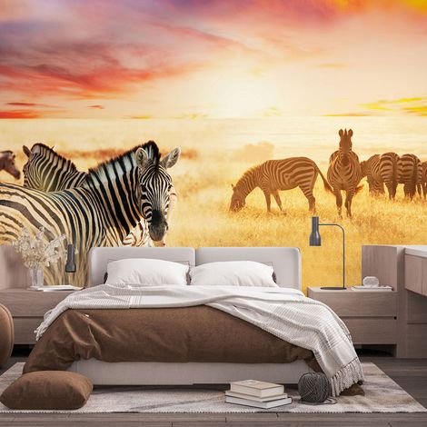 Papier peint panoramique - Zèbres Savane - 130 cm x 86 cm (1/4)