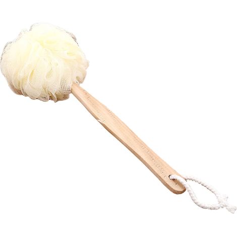 Gant de toilette avec manche long en bois et lanière, boule exfoliante douche salle de bain blanc en nylon (1/5)