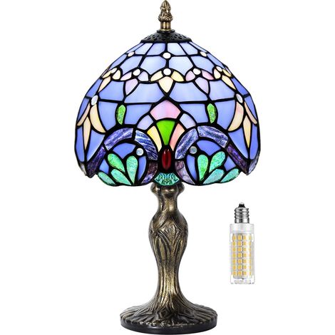 Lampe de table vintage en vitrail, style Art déco (bleu baroque) Lampe de chevet style vitrail, idéale pour la chambre, la table de nuit, le bureau ou le cabinet de travail. Ampoule E27 non fournie. (1/5)