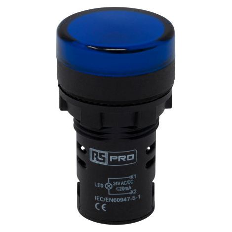Voyant lumineux LED RS PRO Bleu 24V c.a. / V c.c., Ø découpe 22mm, Montage panneau, IP65 ( Prix pour Paquet de 5 )
