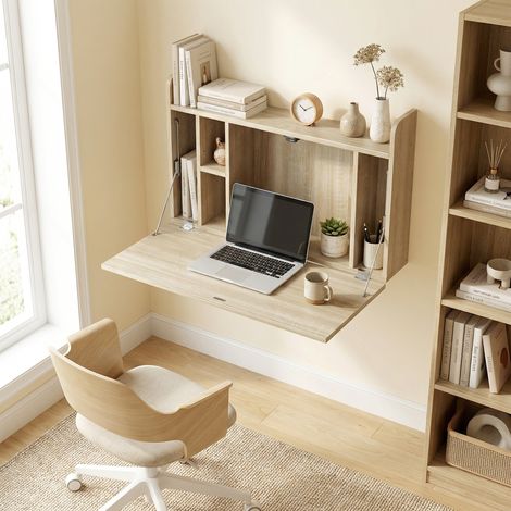 Bureau suspendu table murale table d'ordinateur murale et tablette rabattable avec rangements - 77 x 20 x 51 cm (1/5)