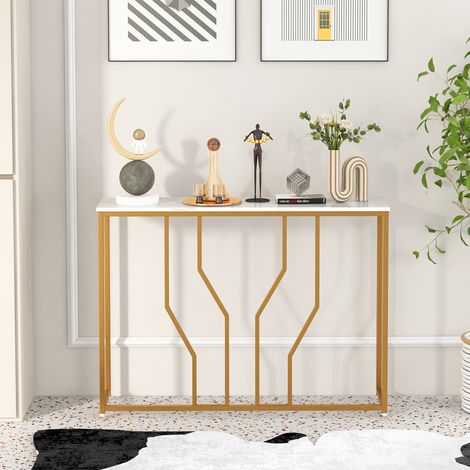 Rangement Déco Table Console 112 cm Plateau Imitation Marbre Blanc Structure Dorée pour Entrée et Salon (1/5)