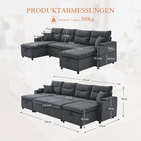 Canapé moderne 4 places en tissu avec chaises longues,rangement,porte‑gobelets,USB et couchage escamotable,stylé pour salon,gris foncé. (1/5)