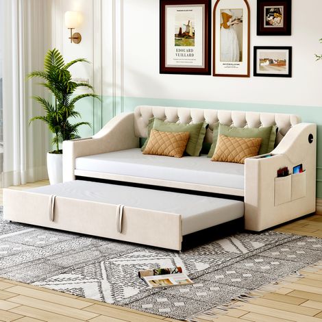 Sofá cama 90x190 cm beige de terciopelo con almacenaje y USB (1/5)