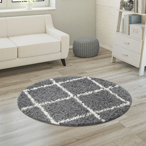 Paco Home Hochflor Teppich Weicher Wohnzimmer Shaggy Skandinavischer Stil Rautenmuster Grau, 160 cm Rund