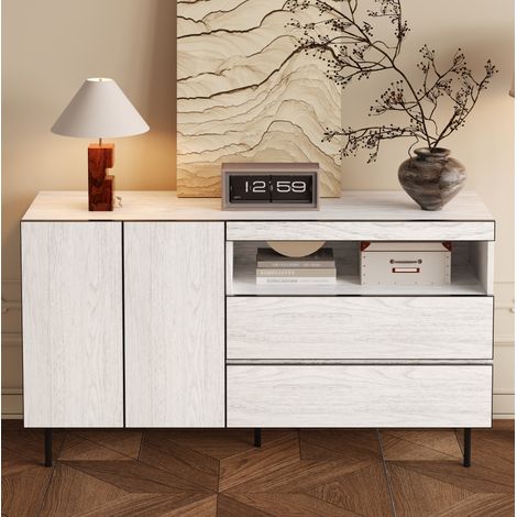 Aparador de aglomerado blanco 140 x 42 x 77 cm con 2 puertas, 2 cajones y estantes abiertos (1/5)