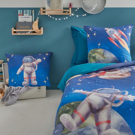 Taie d’oreiller enfant percale de coton astronaute et fusée Bleu 65x65 cm