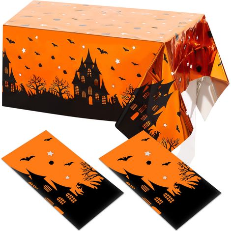 2 Nappes d'halloween Linge de Table d'halloween Couverture de Table d'halloween en Noir Orange Nappe Effrayante Jetable Rectangulaire en Plastique Décoration d'halloween, 54 x 72 Pouces (1/5)