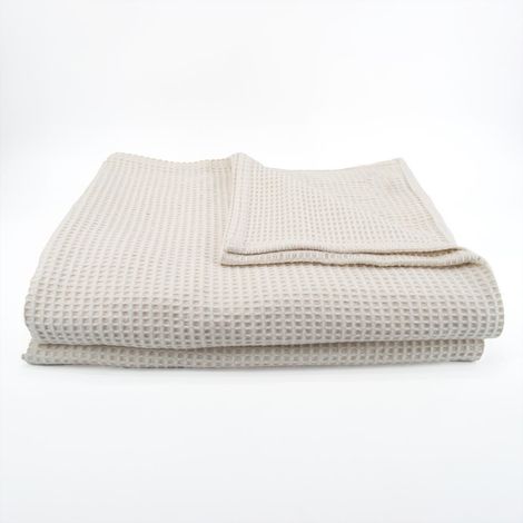 Dessus de lit tissé en coton recyclé motif nid d’abeille Crème 230x250 cm (1/2)