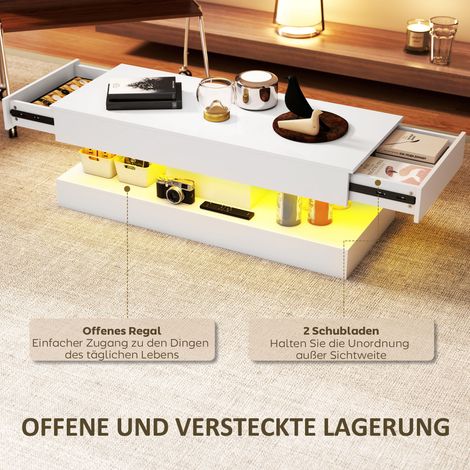Table basse avec tiroirs et lumières LED, table de salon moderne avec étagère ouverte, table de canapé, panneaux de particules, blanc (1/5)
