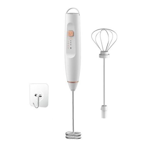 Milchaufschäumer-Mixer, wiederaufladbar, Handgerät für Kaffee mit 2 Schneebesen, elektrischer USB-Stabmixer, 3-Gang-Aufschäumer-Stab, Weiß (1/5)