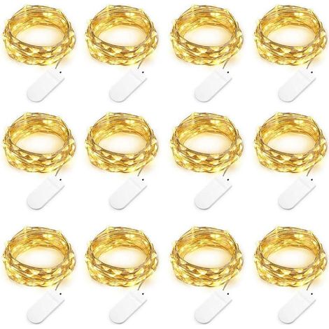 Juego de 12 guirnaldas de luces LED a pilas (pilas incluidas) de 2 m con 20 LED multicolor de cable de cobre para Navidad, bodas, fiestas y decoración de disfraces - Blanco cálido (1/5)
