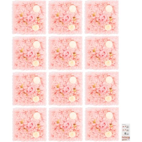Lot de 12 panneaux muraux de fleurs artificielles rose pâle, mur de fleurs en tissu soie, fond photo décoratif pour mariage, baptême et fête - 38x38 cm (1/5)