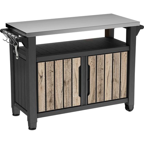 Table de barbecue Unity XL Table de service aspect bois de pin 298 litres avec plateau en acier inoxydable, portes, surface de rangement, suspensions, porte-rouleau d'essuie-tout (1/5)