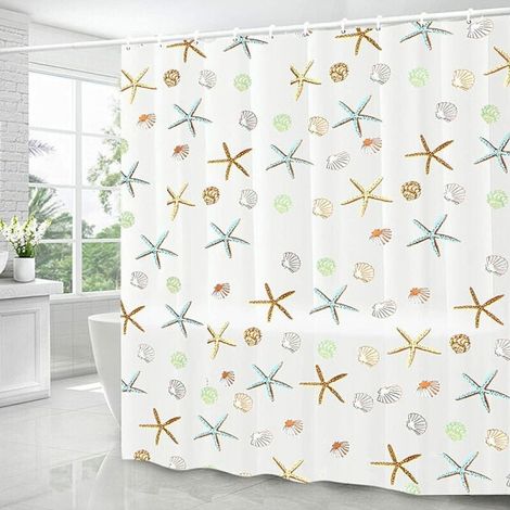 Cortina de ducha fabricada en material PEVA impermeable y resistente al moho, con 12 anillas, estampado de estrellas de mar, 180x180 cm.