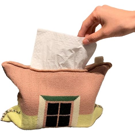 Lot de 2 pochettes en tissu tricoté pour mouchoirs, distributeur de serviettes en coton et fil, rangement pour voiture salon, rose et jaune (1/5)