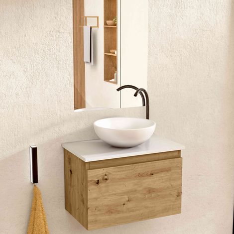 BELLOBATH – Hängender Badezimmerschrank mit rundem Keramikwaschbecken und Spiegel, Badezimmerschrank mit Waschbecken und 1 Schublade, 49,5 x 32 x 30 cm, Eiche/Weiß
