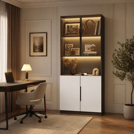 Vitrinenschrank mit Glastüren und LED, 80 x 30 x 200 cm, Weiß und Schwarz HAVRYA (1/5)