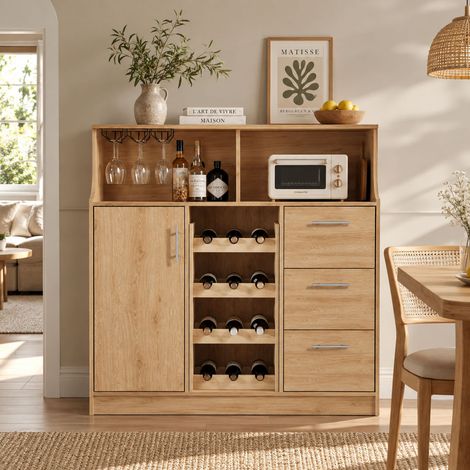 Buffet de cuisine 120 x 40 x 121 cm avec LED et prise, meuble bar à café avec casier à vin, porte-verres, 3 tiroirs et rangements, bois et blanc (1/5)