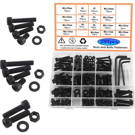 M5 M6 M8 Boulons et Écrous Noires Vis Kit D'assortiment D'écrous de Rondelles en Acier Au Carbone Vis a Six Pans Creux Avec Boîte de Rangement Pour,Livré Avec 3 Clés 295pcs (1/5)
