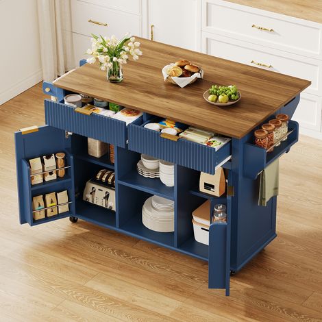 Îlot de cuisine mobile 120x45 cm - desserte à roulettes avec plan rabattable - 2 tiroirs - 2 portes - porte-épices - MDF - bleu et marron (1/5)