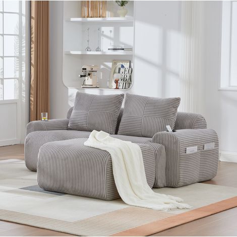 Sofá modular de 2 plazas 200 x 174 x 80 cm en pana gris claro con portavasos y bolsillo lateral (1/5)