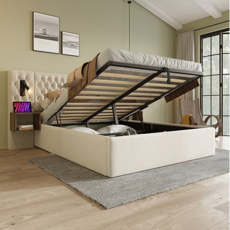 Polsterbett 180/200 cm beige aus Samt mit Stauraum, 2 Nachttischen, Leselicht und USB-C (1/5)