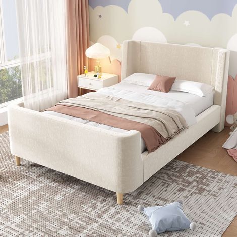Lit enfant rembourré 90x200 cm en velours beige, lit simple design traîneau avec motif espace, tête et pied de lit capitonnés, sommier inclus, sans matelas (1/5)