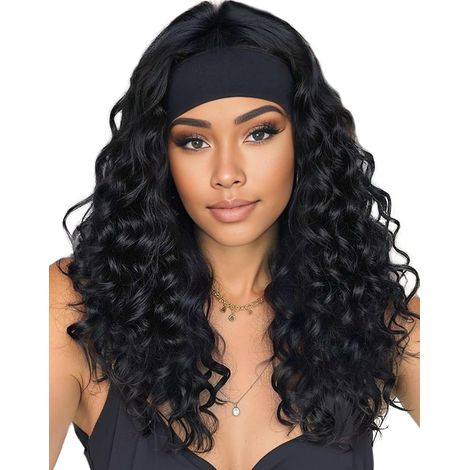 Perruque Bandeau Bouclé 16" Moyen Noir Bandeau Pour Synthétique Sans Colle Deep Wave Perruque Femme Naturelle Bandeau épaules(Noir 16"1B) (1/5)