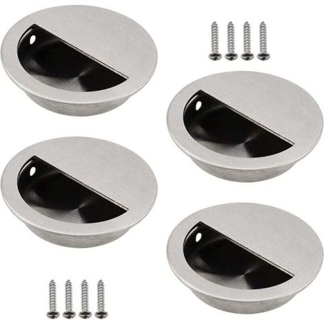 Poignée de porte ronde encastrée, trou semi-circulaire, facile à tirer, diamètre 60 mm, lot de 4, argent (1/4)