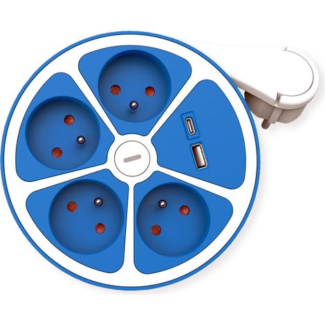 Multiprise 4X avec Interrupteur, Rond, Version UTE, + Fast Charger, 1x USB A+C, Bleu, 3 m (1/5)