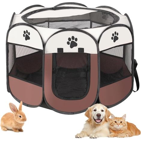 Faltbares Haustier-Laufgitter – 1 Stück – Netzgewebe und Oxford-Gewebe – Belüftung und freie Sicht – Geeignet für Hunde, Katzen und Kaninchen – 74 x 74 x 43 cm, Braun (1/5)