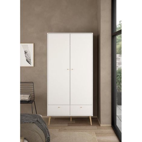 Armoire de chambre - BODO - Blanc mat - 2 portes - 2 tiroirs - 98,7 x 58,1 x 200,1 cm (1/5)