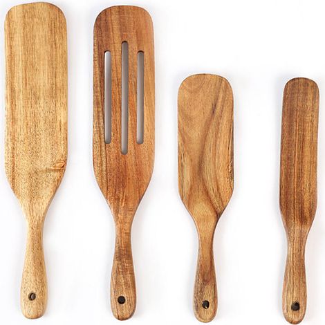 Cuillères En Bois D'Acacia - Lot De 4 Ustensiles De Cuisine Pour Mélanger Servir Et Remuer - Compatible Poêles Antiadhésives - Usage Cuisine Maison (1/5)