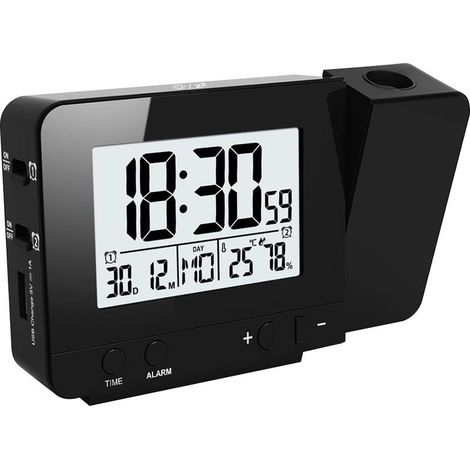 Alarm digital with projection wall-mounted, double alarm, display temperature & moisture indoor, mode 12/24 h and date Black (1/3)