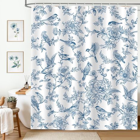 Rideau de Douche Vintage Fleurs Oiseaux Bleu Blanc 180x200cm (1/5)