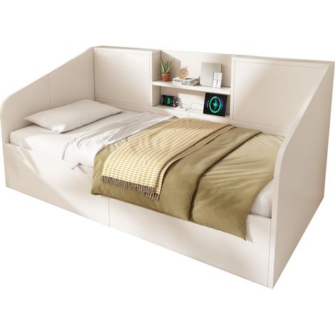 Lit de jour hydraulique 90x200 cm blanc, lit en bois avec 2 tablettes, grand espace de rangement et station de charge USB/Type C, sommier à lattes inclus, lit simple peu encombrant (sans matelas) (1/5)
