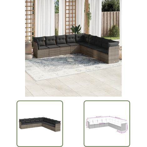 The Living Store Salon de jardin 9 pcs avec coussins gris résine tressée - Ensemble Salon De Jardin - Mobilier Extérieur - Canapé Jardin - Résine Tressée - Rotin Synthétique (1/3)