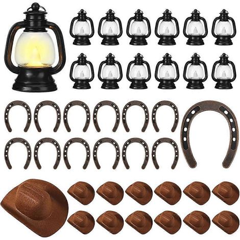 36 mini-lanternes décoratives western pour une fête sur le thème des cowboys : 12 lanternes avec bougie, 12 fers à cheval suspendus et 12 chapeaux de cowboy. (1/5)